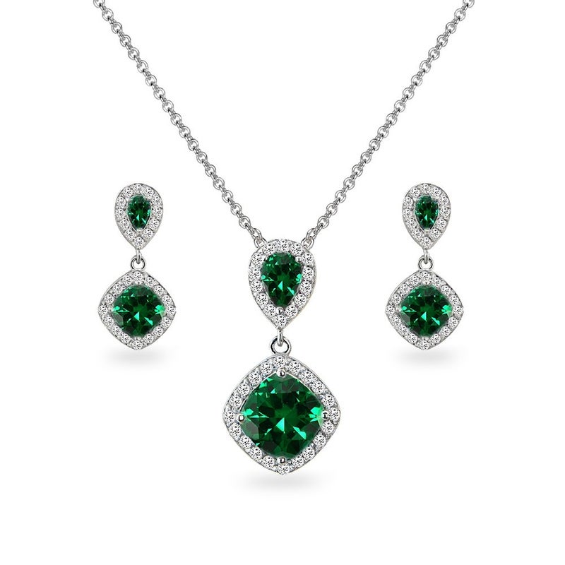 B. BRILLIANT Drop Earrings for Women Sterling Silver Necklace Synthetic Green Quartz and White Topaz Pendant Dangle Ear Emerald Color Jewelry Set for Bridesmaids Prom - Image 1